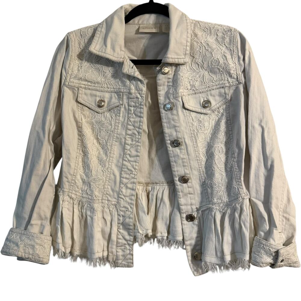 CHICOS White lace ruffled button up jean jacket Size Small